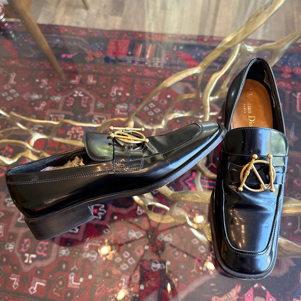 Authentic Dior Direction Black Leather and Gold Loafers